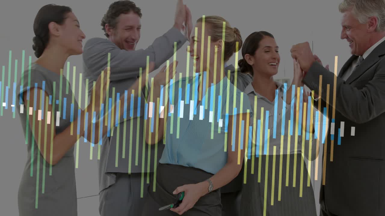 Lead woman scissors-snipping red ribbon for biz opening in lobby, team clapping EQ overlaying group