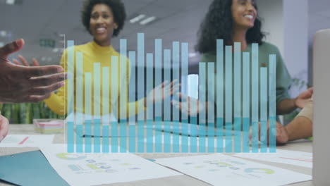 animation of graph over diverse coworkers sharing ideas and putting hands together in office