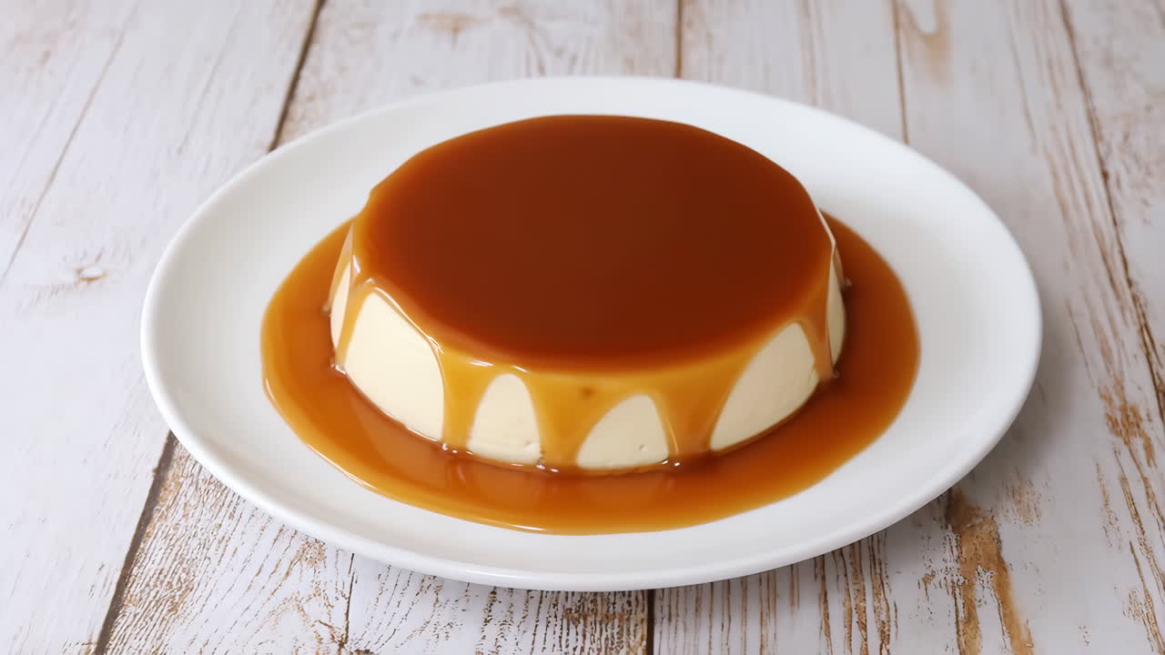 Flan Lezat dengan Saus Karamel di Atas Piring Putih