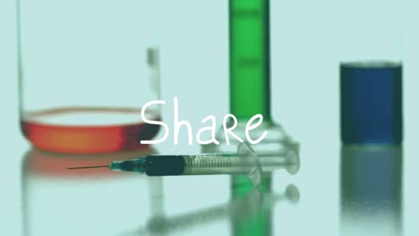 Animation-of-share-text-over-syringe-and-beakers-with-liquid