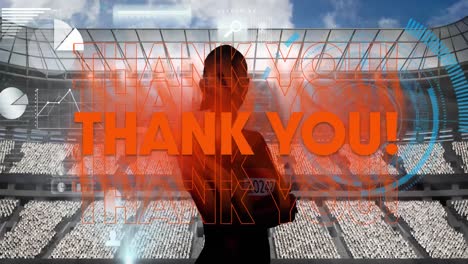 thank you text and round scanner with over silhouette of female athlete against sports stadium