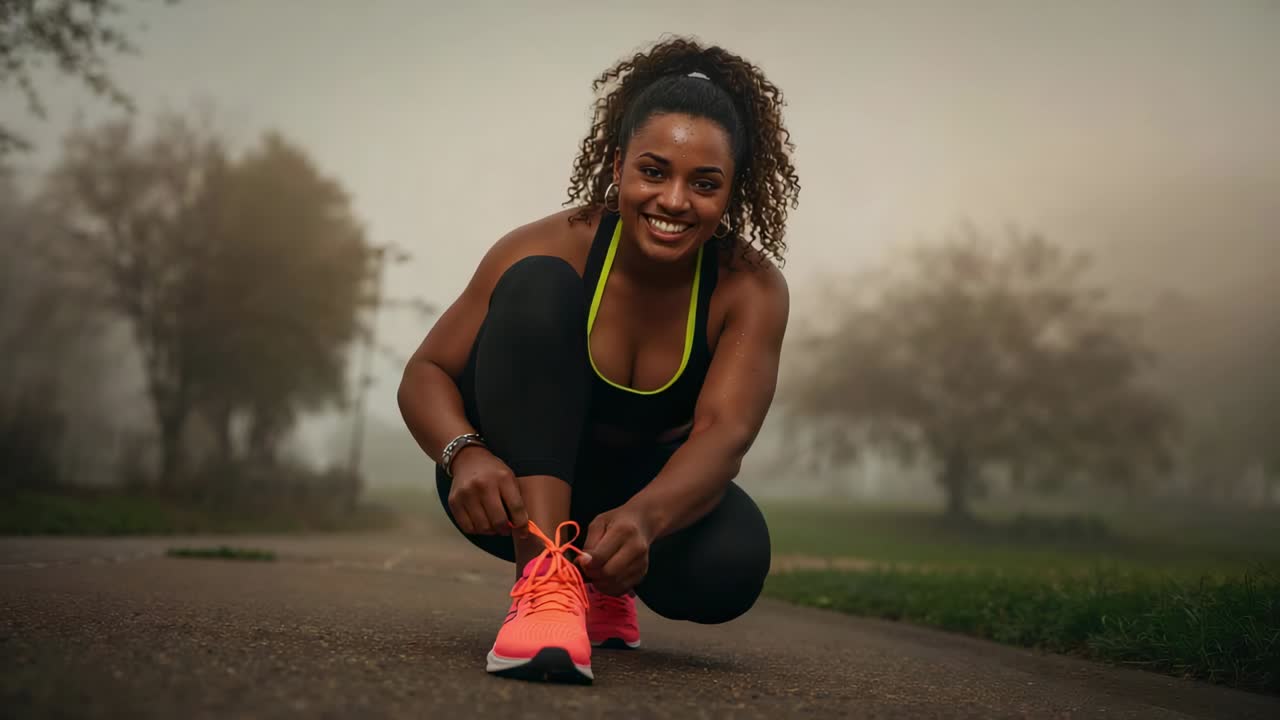 Corridore che si allaccia le scarpe arancioni, cammina e si ferma sul sentiero del parco per prepararsi alla corsa in reggiseno sportivo