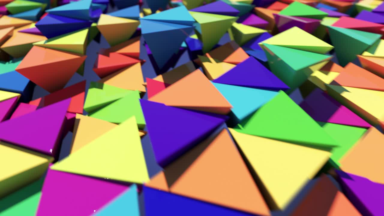 animación de movimiento abstracto de triángulos tridimensionales multicolores brillantes. renderización de bucle 3d sin costuras