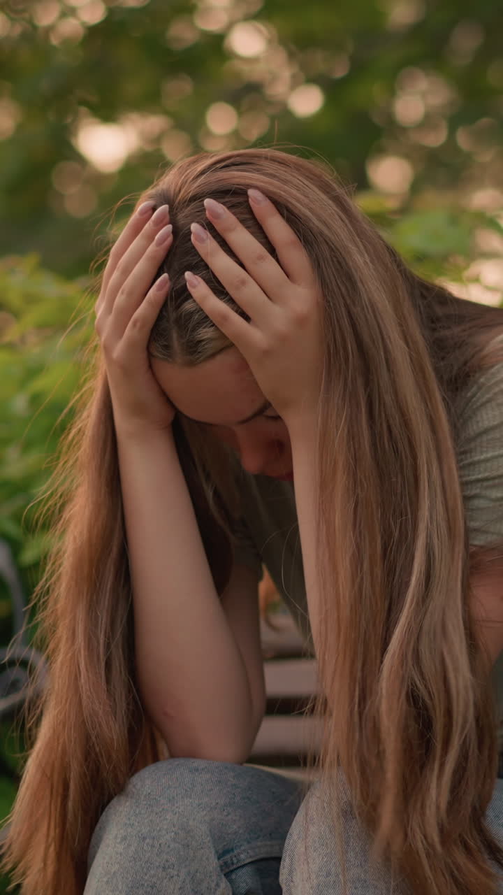 donna seduta su una panchina di legno durante l'ora d'oro, china la testa pensierosa, capelli lunghi che scendono in cascata sulle spalle, circondata da lussureggiante verde, con la calda luce solare che filtra attraverso le foglie