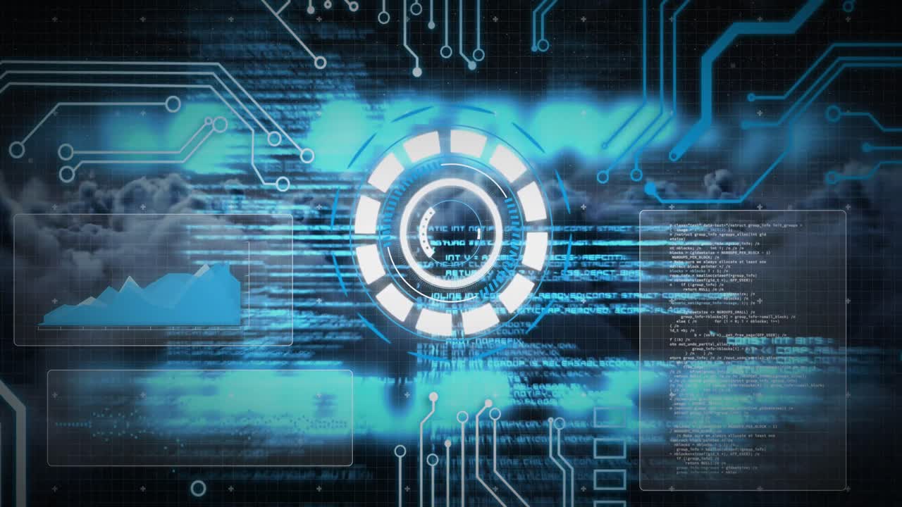 Animation of scope scanning, data processing and numbers changing over clouds in background