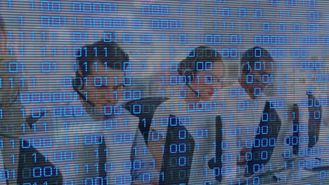 Animation of data processing over diverse business people in office
