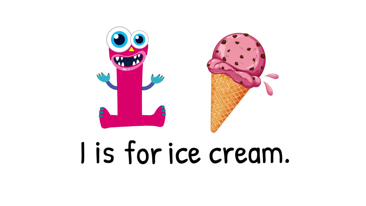 Playful animation with a colorful character introducing the letter 'I' and ice cream on a white background