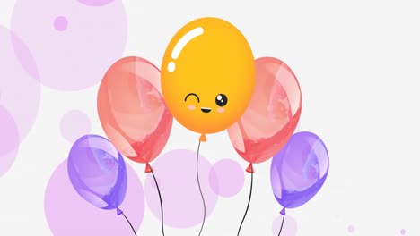 Animation-Von-Mehrfarbigen-Luftballons-über-Kreisen,-Die-Sich-Auf-Weißem-Hintergrund-Bewegen