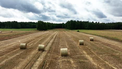 experience the breathtaking aerial views as the drone glides above fields adorned with straw bales