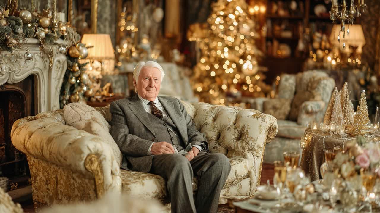 A Gracious Gentleman in a Luxurious Holiday Setting, Surrounded by Elegant Decorations and a Sparkling Christmas Tree, Exuding Warmth and Cheer During the Festive Season