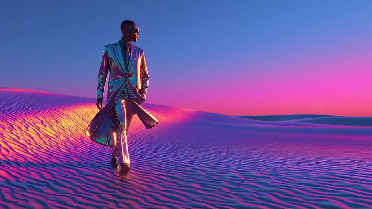 A futuristic figure draped in a radiant metallic suit strides confidently across a surreal landscape, where vibrant colors merge at dusk, creating an ethereal and dreamlike atmosphere