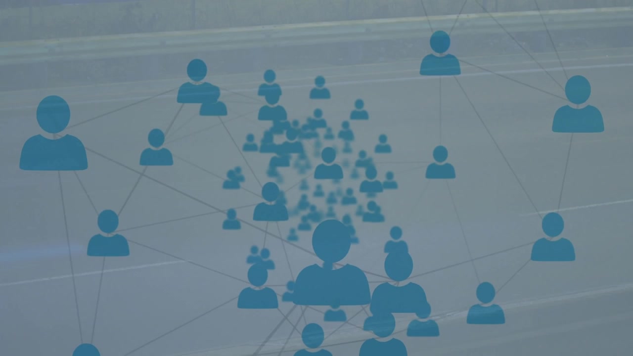 Digital animation of network of profile icons against grey background