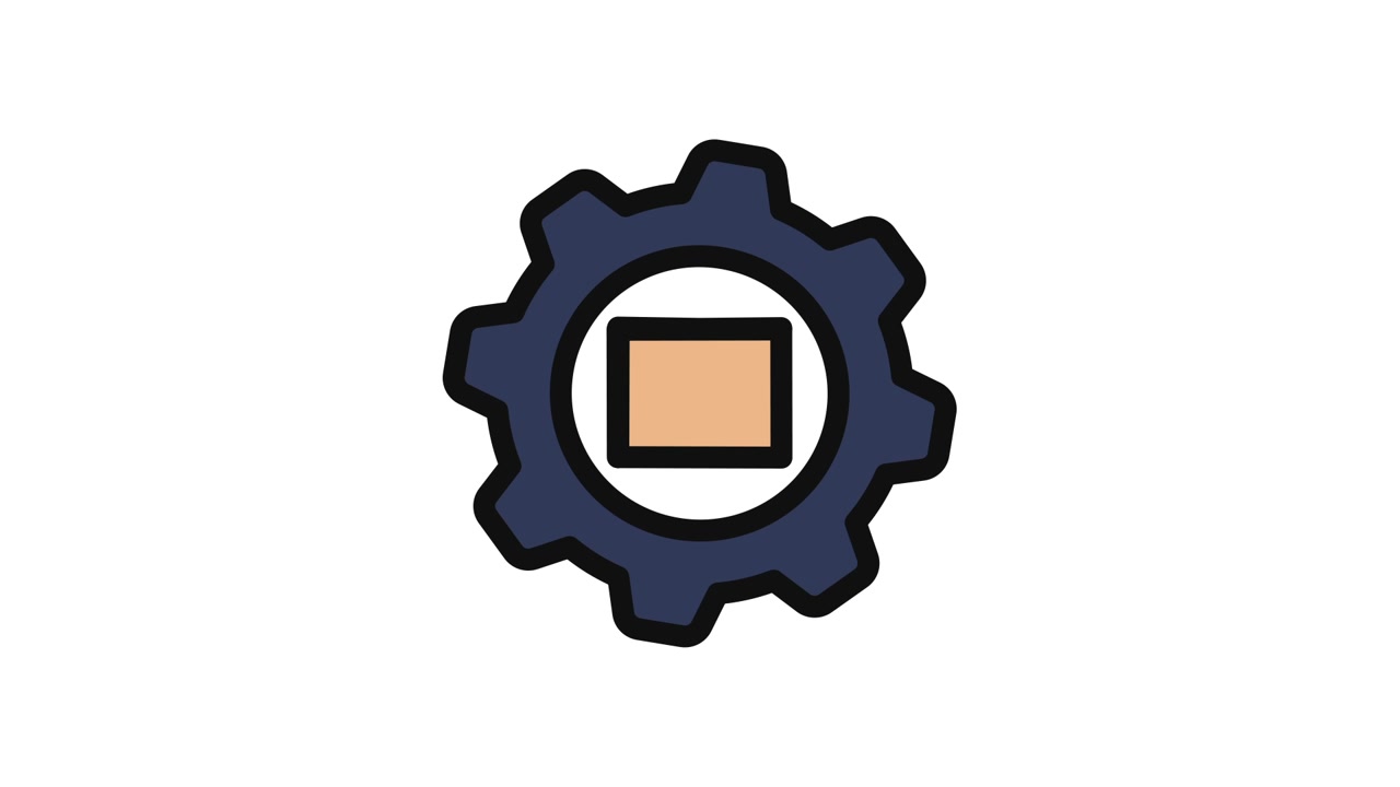 Animated Gear Icon with Cube, Pause, and Stop Symbols