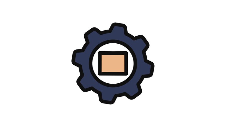 Animated Gear Icon with Cube, Pause, and Stop Symbols