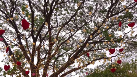 red hearts hanging on a tree with many paper stars and lights twinkling at night. valentine's day concept