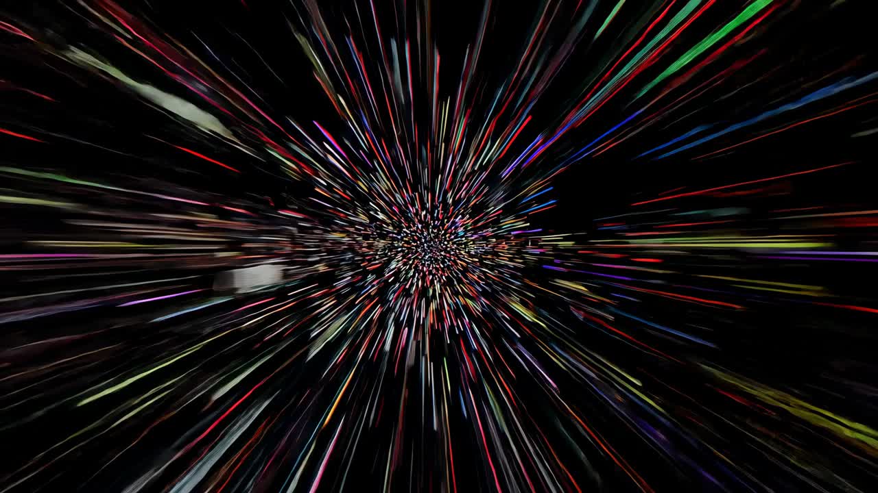 Simulation starting launching colored streaks streaming through hyperspace tunnel simulating speed
