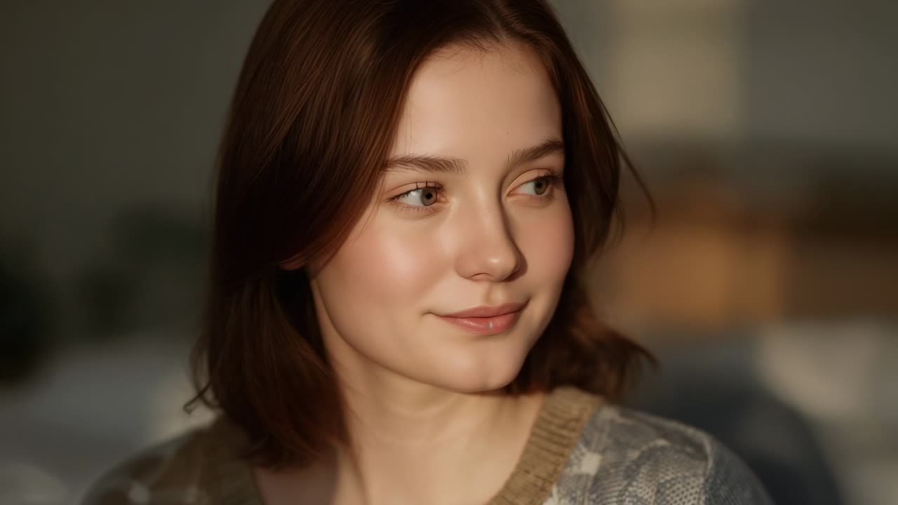 Turning woman responding to off-camera cue in bedroom, smiling warmly in knit sweater