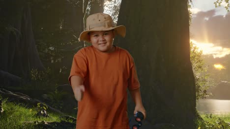 asian boy with a hat dancing after looking through the binoculars. boy researcher examines something while exploring forest nature, travel tourism adventure concept
