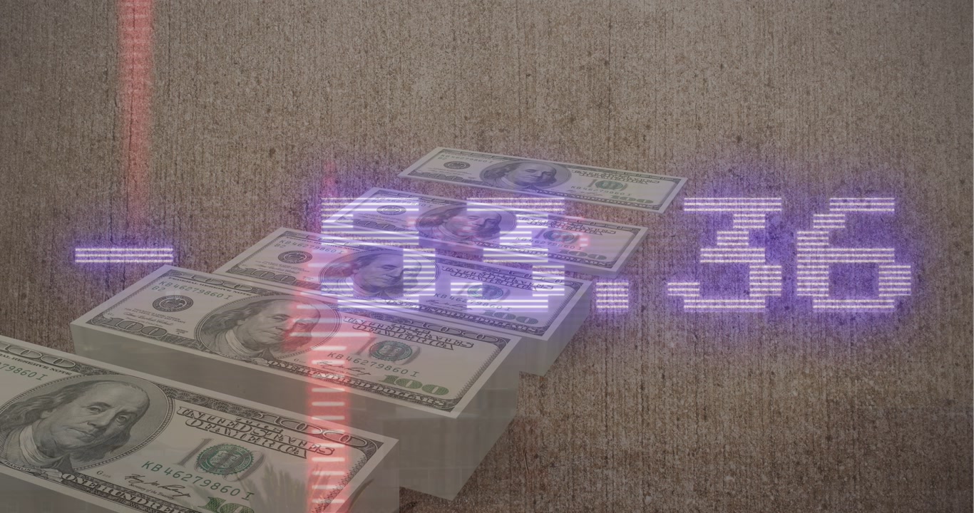 Animation of stock market data processing over stack of dollar bills against grey background