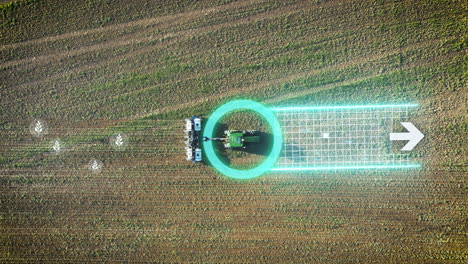 top down aerial animation of autonomous self driving tractor planting seed in farmland field