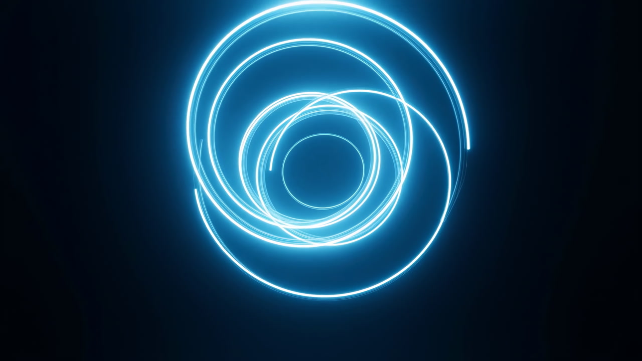 Neon Spiral Rings Form Glowing Vortex, Electric Blue Light Traces Kinetic Circular Paths On Dark Stage,