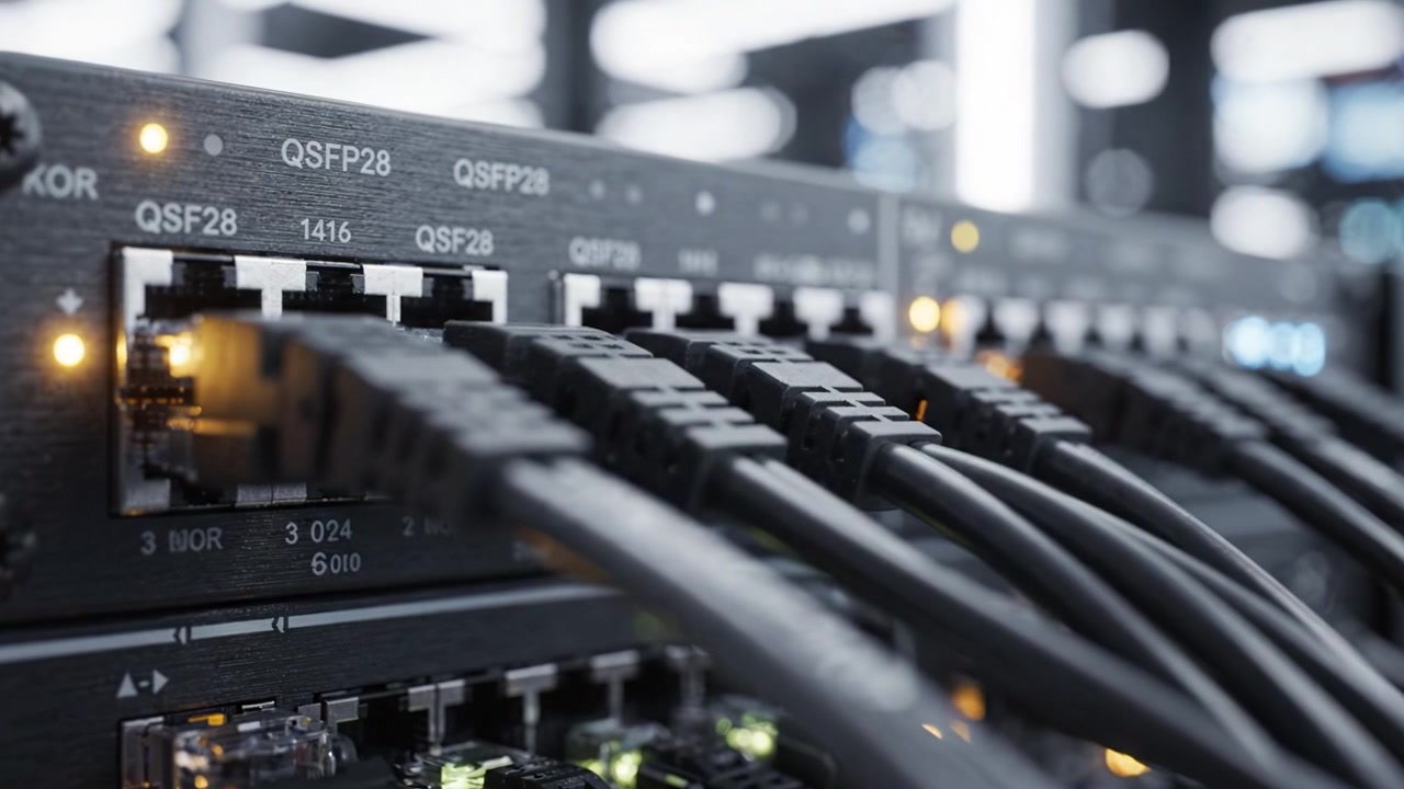 Close-Up of Advanced Networking Equipment with Multiple Connections Highlighting Data Transmission Capabilities in a Modern Server Room Environment