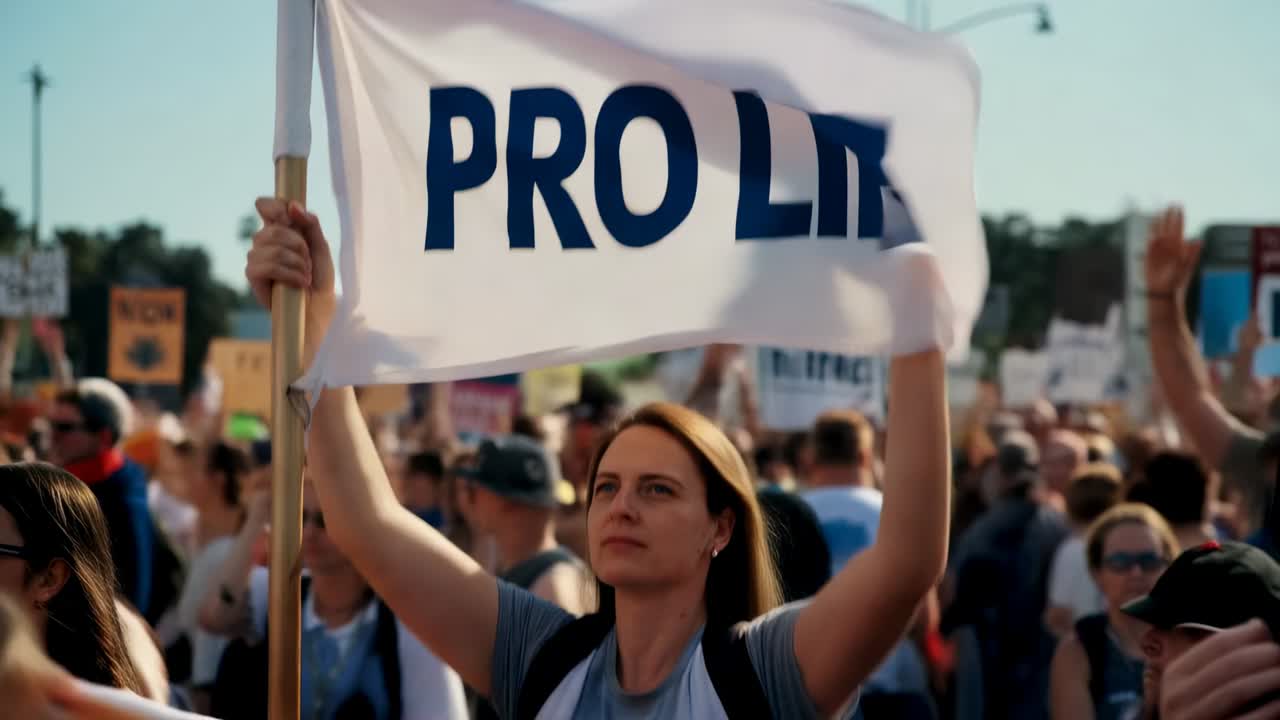 Mitingde sırt çantasıyla mavi tişörtlü bir kadının PRO LIFE banner’ını sabitlemesi, rüzgarın kumaşı savurması