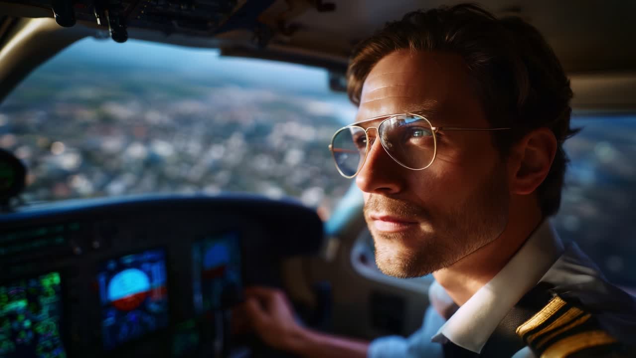 Focused Pilot in Cockpit: Capturing the Essence of Aviation at Sunset with a Clear View of the City Below from the Aircraft's Control Panel