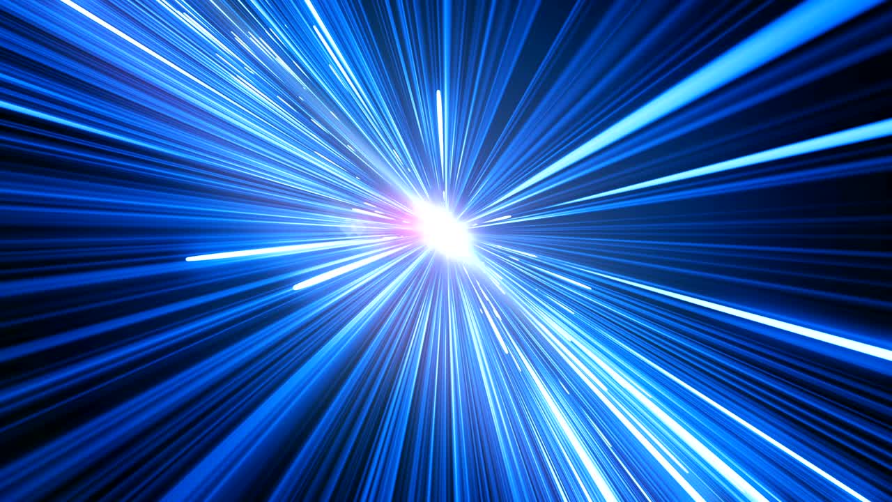 우주에서 추상적인 하이퍼스페이스 점프: 별을 통해 아름다운 우주 여행, 태양에 대한 파란색 흔적, 디지털 디자인 개념, 반이는 선의 루프 3d 애니메이션