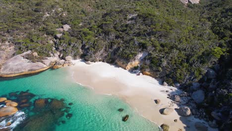 4K-Drone-video-flying-up-over-the-blue-ocean-water-and-white-sand-at-Waterfall-Beach-in-Albany,-Western-Australia