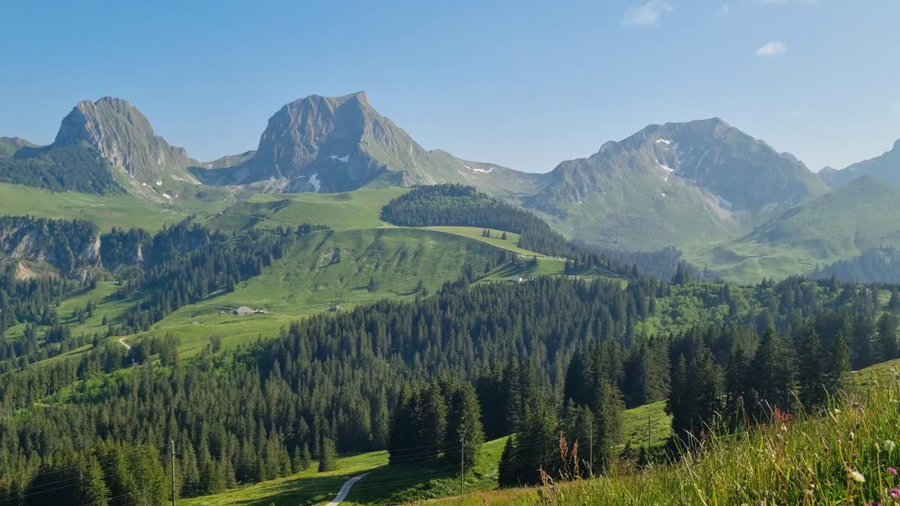 Aufnahme der atemberaubenden Schweizer Alpenlandschaft mit den Bergen Nünenflue, Gantrisch und Bürgle unter einem klaren, sonnigen Sommerhimmel.