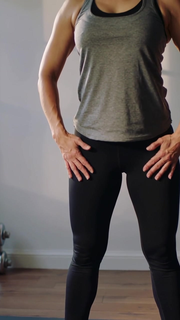 Lodret video: Kvinde i grå tanktop skifter position og forbereder stilling på blå måtte derhjemme, med håndvægte til venstre.