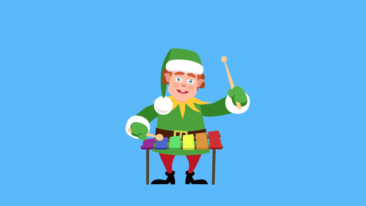 Cartoon Little Santa Helper Flat Christmas Character  Play Xylophone Animation. Includes luma matte