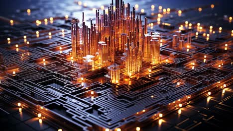futuristic digital landscape with glowing structures and circuit patterns