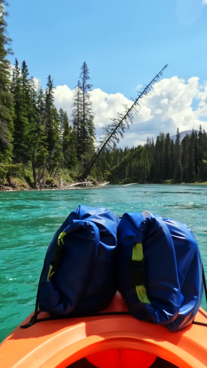Vertical Action cam POV captures a kayaker paddling gently downstream on the Bow River. Surrounded by serene emerald waters and dense forest, they savor the quiet beauty of the Canadian wilderness.