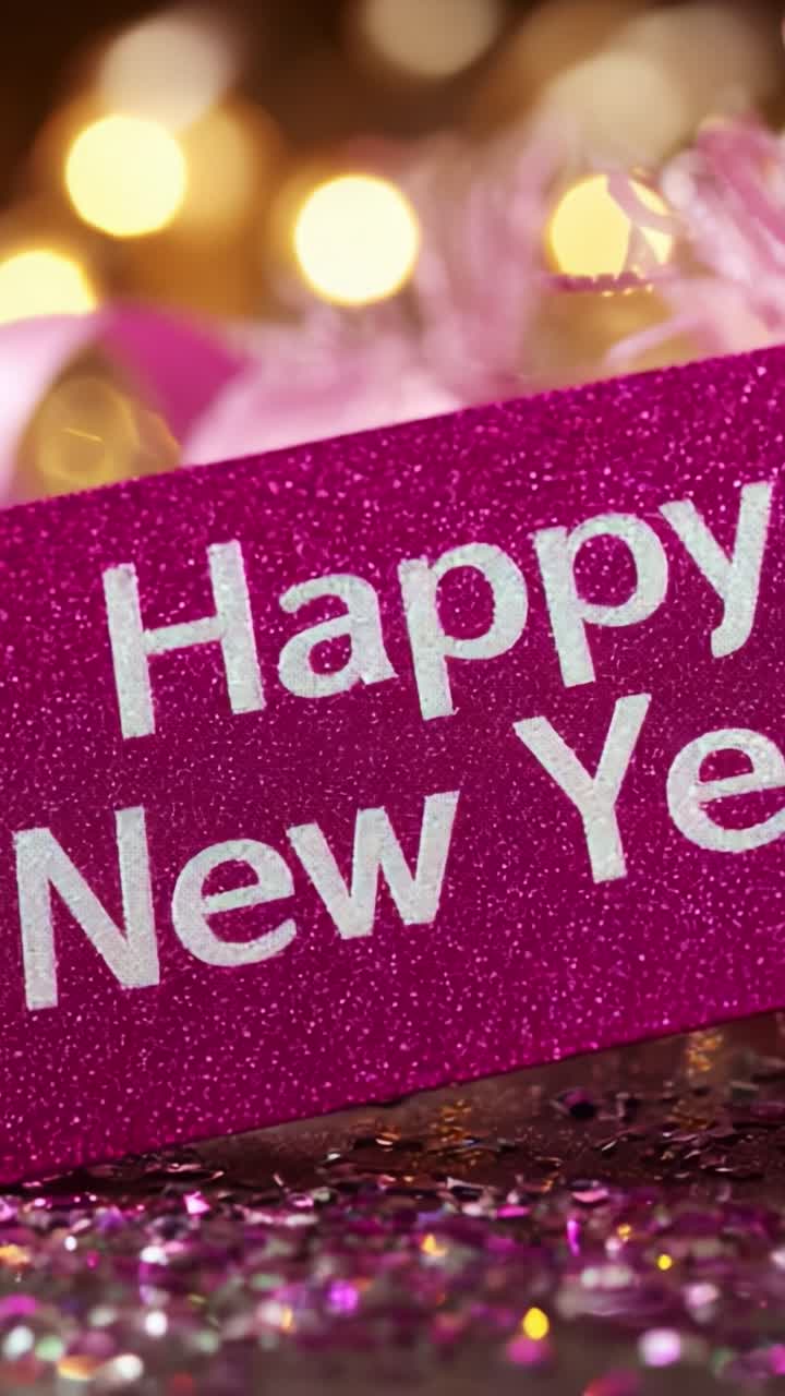 A Festive Celebration of New Beginnings Depicted in Sparkling Pink Decor with a Vibrant 'Happy New Year' Sign, Reflecting Joy and Anticipation for the Future Amidst Twinkling Lights and Glitter