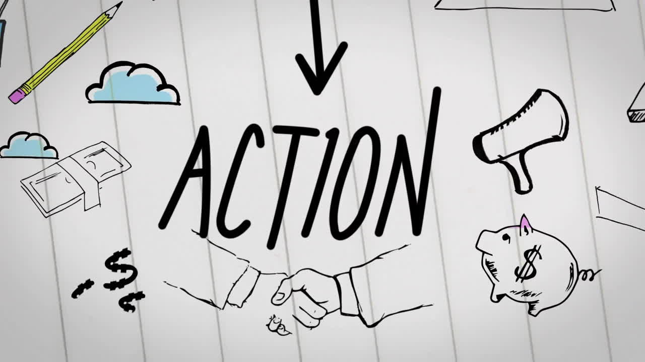 Arrow and pencil drawing animation over lined paper background with doodles