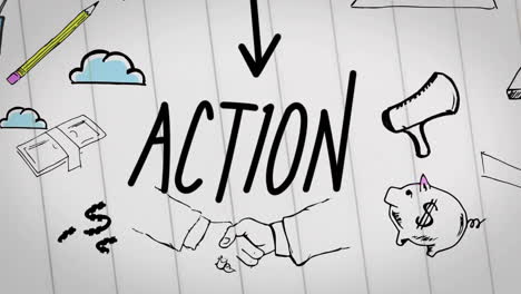 arrow and pencil drawing animation over lined paper background with doodles