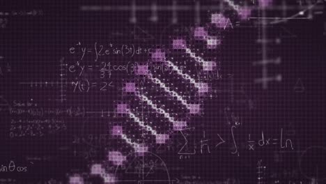 animación del adn girando y procesamiento de datos en fondo violeta