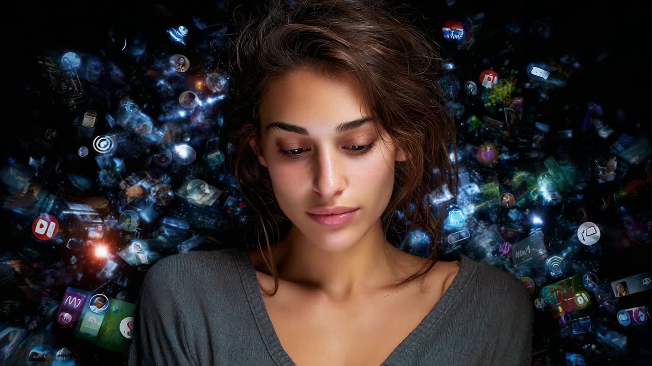 A Reflective Moment: A Young Woman Surrounded by Digital Icons and Visuals, Capturing the Essence of Modern Connectivity and Digital Overload in a Thoughtful Expression