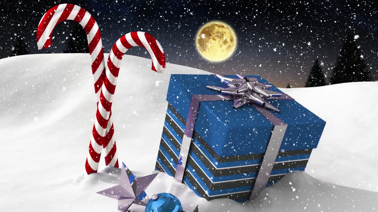 animación digital de la nieve cayendo sobre la caja de regalos de navidad