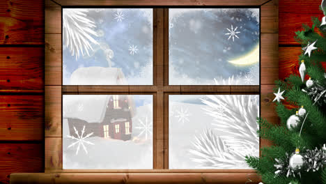 animation of snow falling over house with christmas fairy lights seen through window