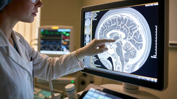 Clinico in camice che indica e traccia una risonanza magnetica sagittale in clinica mentre un monitor mostra la scansione, con spazio per il testo.