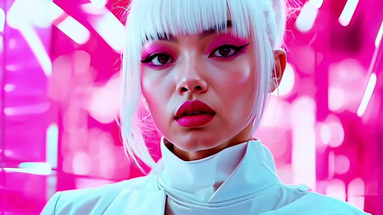 una mujer con cabello blanco y maquillaje rosa frente a una luz de neón