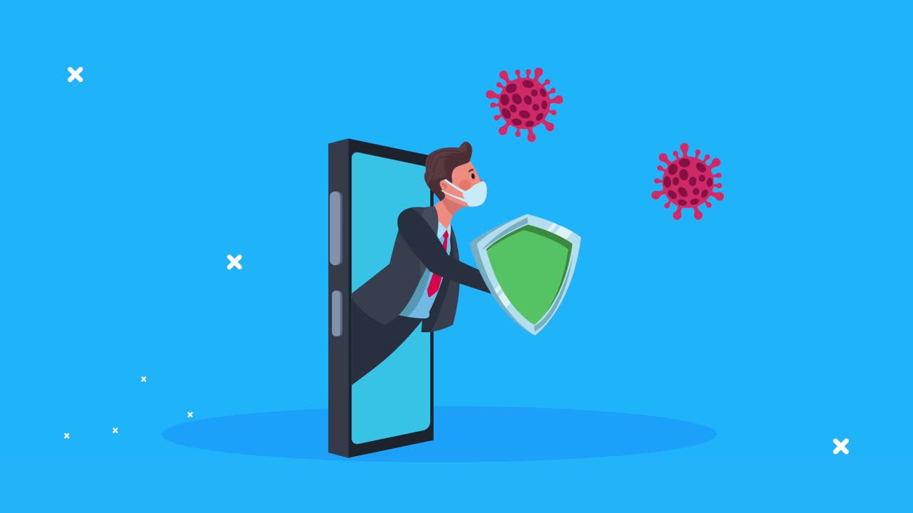 joven empresario con máscara médica con escudo en animación de teléfono inteligente
