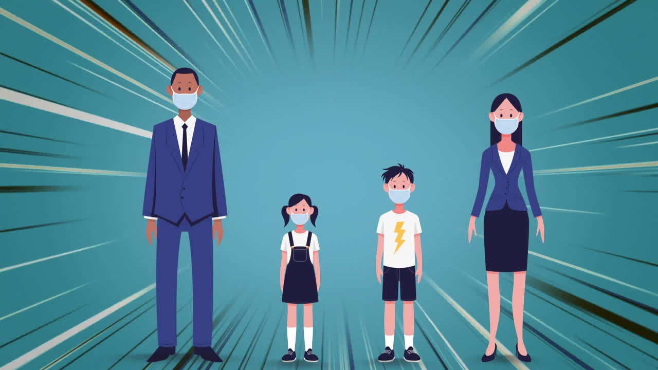 파란색 배경 에  ⁇ 박이는 여러 줄무 ⁇  에 대항 하여 얼굴 마스크 를 착용 한 가족