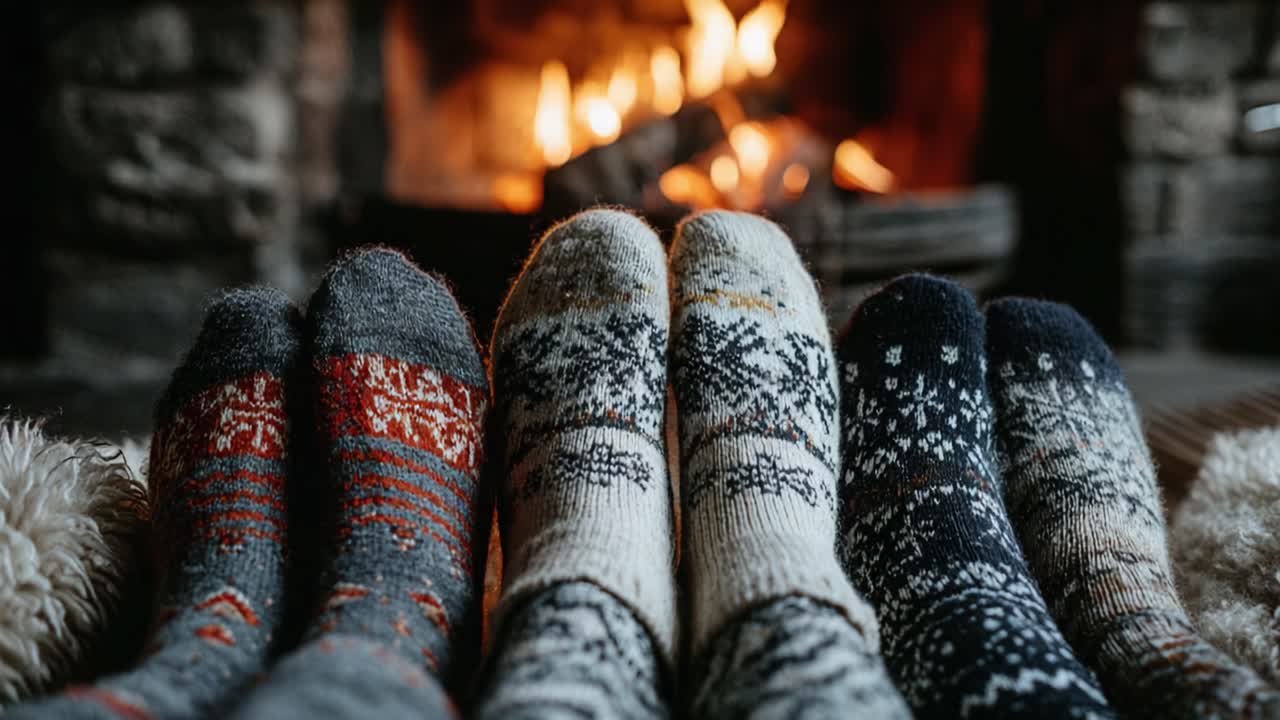 Cozy Evening by the Fireplace: Warm Socks Gathered Together as the Flames Dance, Creating a Heartwarming Atmosphere of Comfort and Togetherness