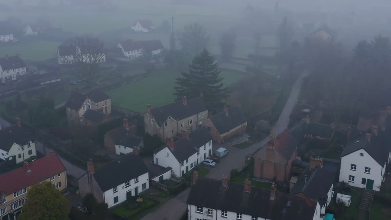 안개가 가득한 마을의 공중 사진