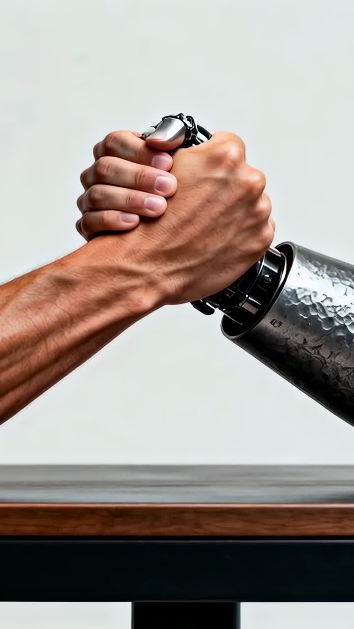 Vertical video: Reaching man bare forearm holding prosthetic hand above wooden table, testing grip