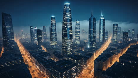 modern city skyline at night with illuminated skyscrapers